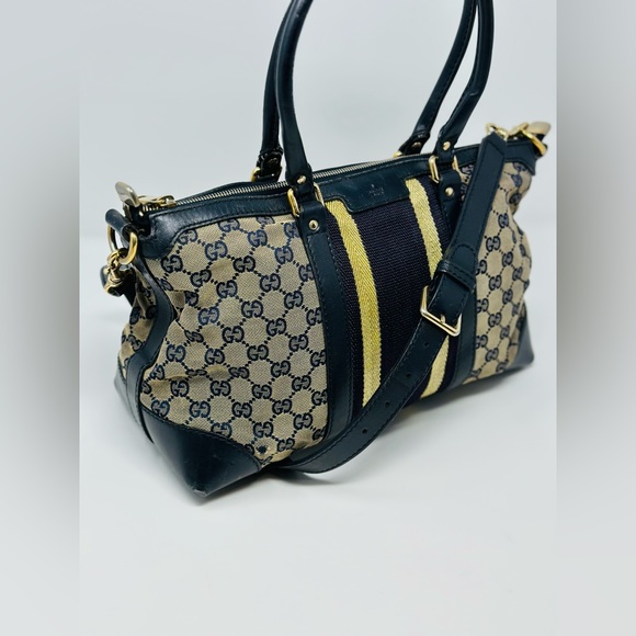 Gucci Vintage Blue & Gold Canvas & Leather Satchel . NO CROSSBODY STRAP. - Picture 3 of 13